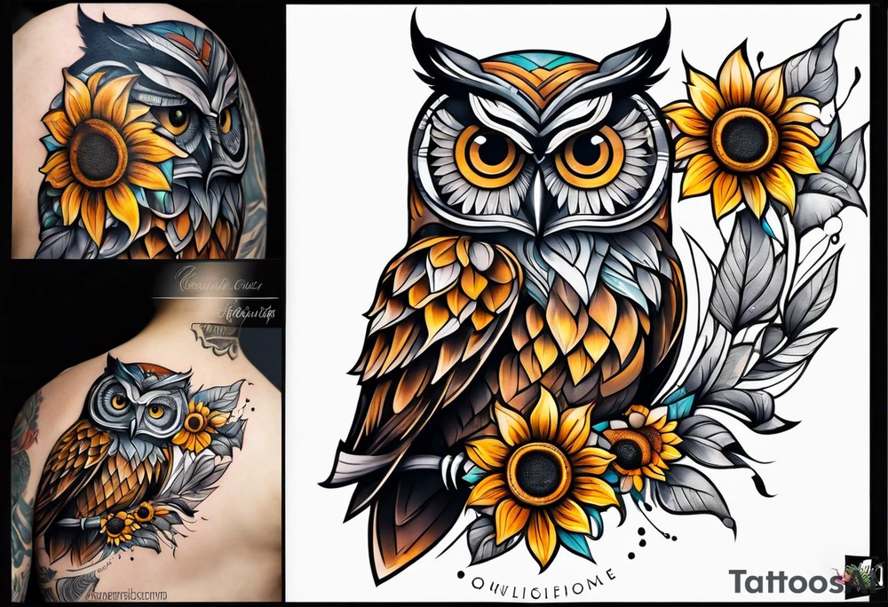 Owl and sunflower sleeve tattoo idea