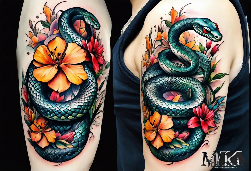 snake and flowers, spine tattoo cover up tattoo idea