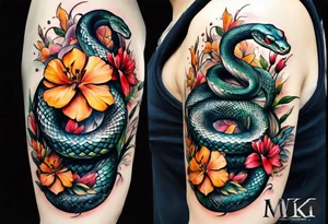 snake and flowers, spine tattoo cover up tattoo idea