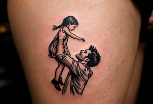 A line-art silhouette of a father lifting his daughter onto his shoulders, with a soft golden glow around them. tattoo idea