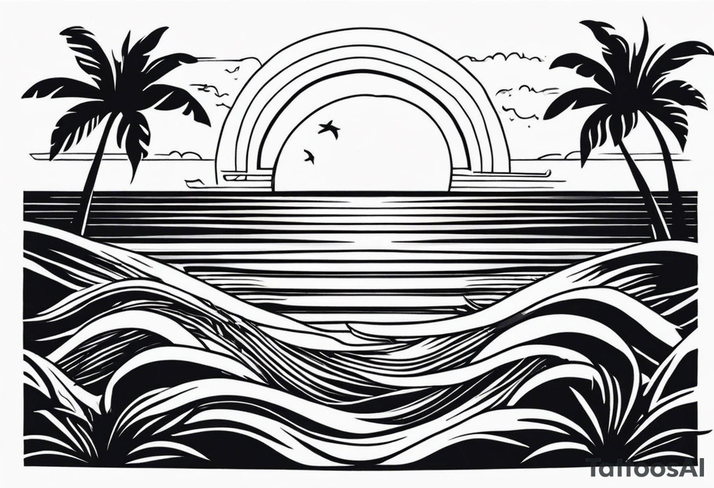 Hawaian beach with a big sun and many small waves, only black and white tattoo idea