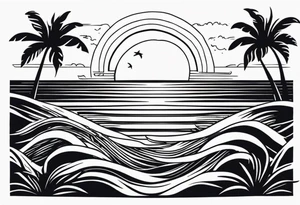 Hawaian beach with a big sun and many small waves, only black and white tattoo idea