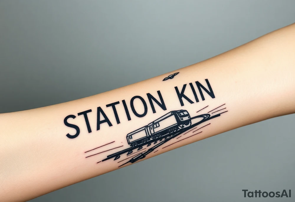 Forearm tattoo of the words station kino with the graphic design background of outer space and a alien spaceship flying over the words station kino and put a train on train tracks under station kino tattoo idea