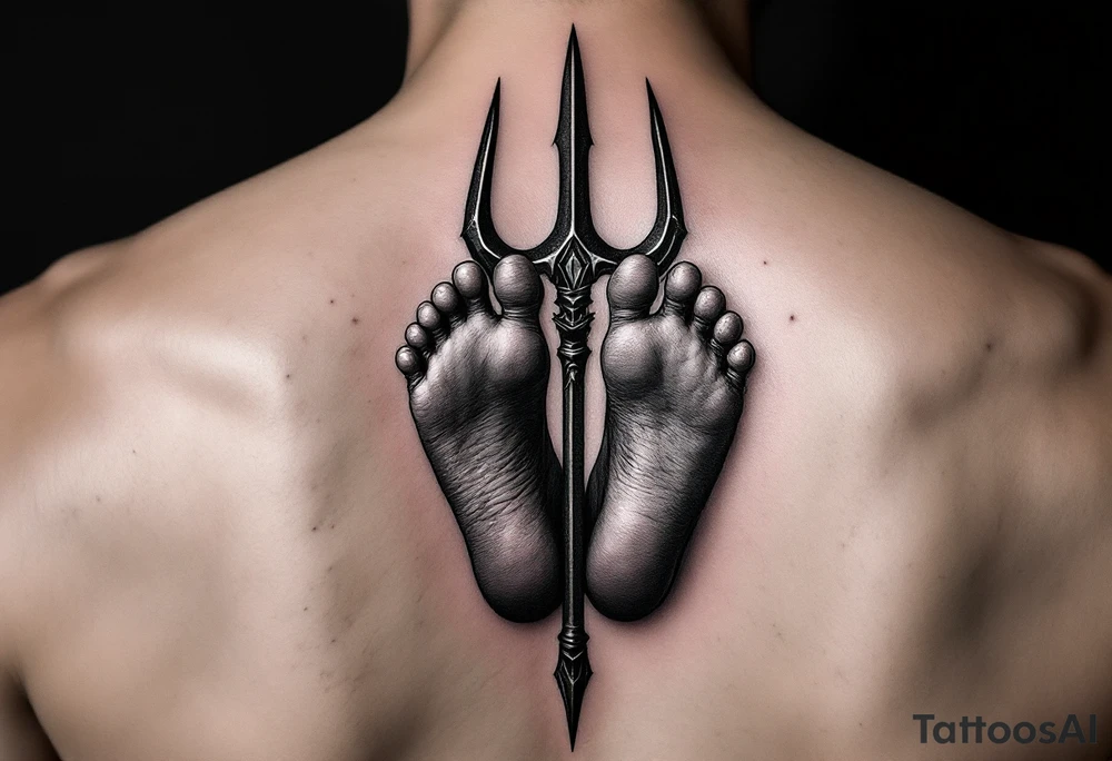 barefeet behind trident tattoo idea