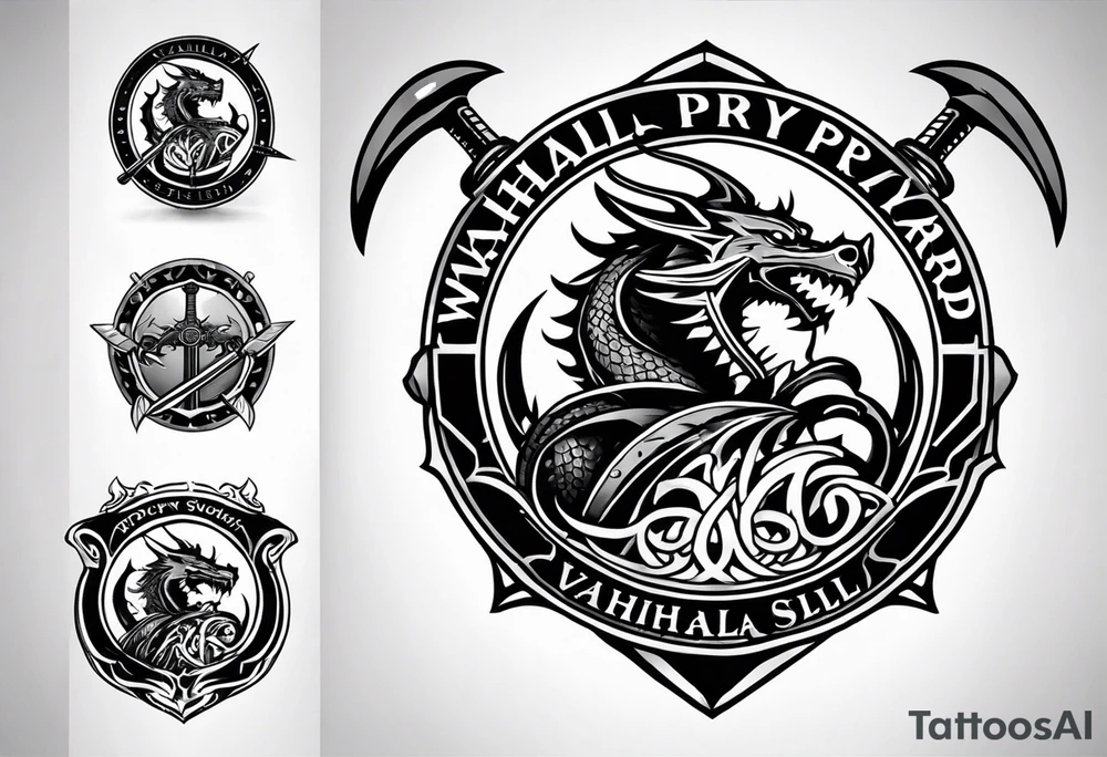 Valhalla prayer sword shield dragon axe tattoo idea