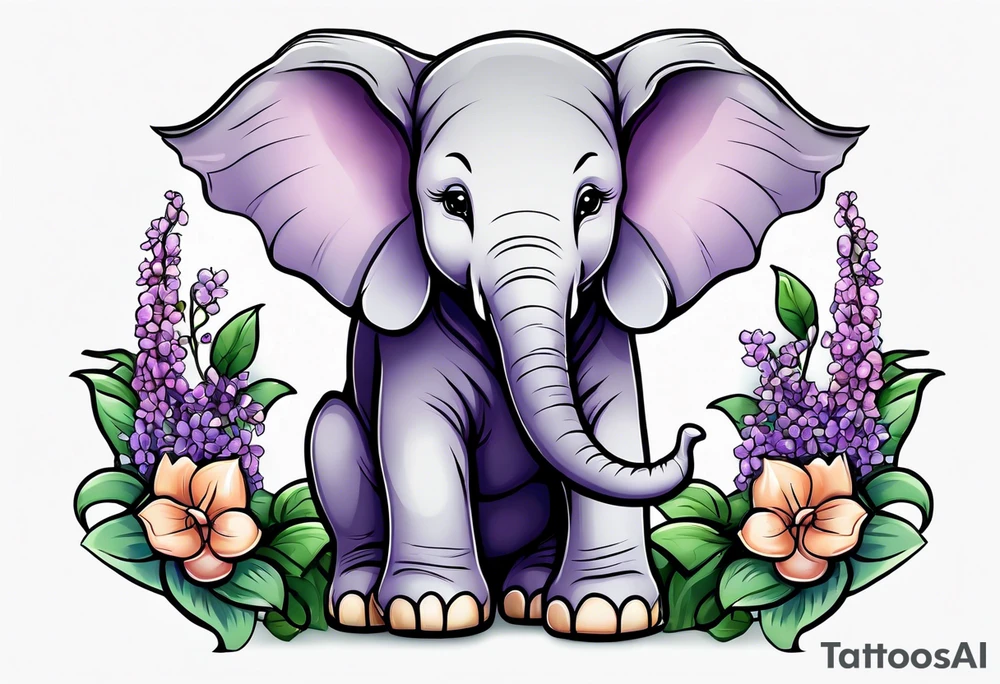 Baby elephant sitting with lilacs in its trunk tattoo idea