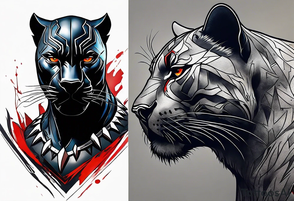 unique black panther tattoo, dynamic pose, showcasing its strength and grace, striking red eyes, intense and captivating elements, artistic flair, blending realism with abstract elements tattoo idea