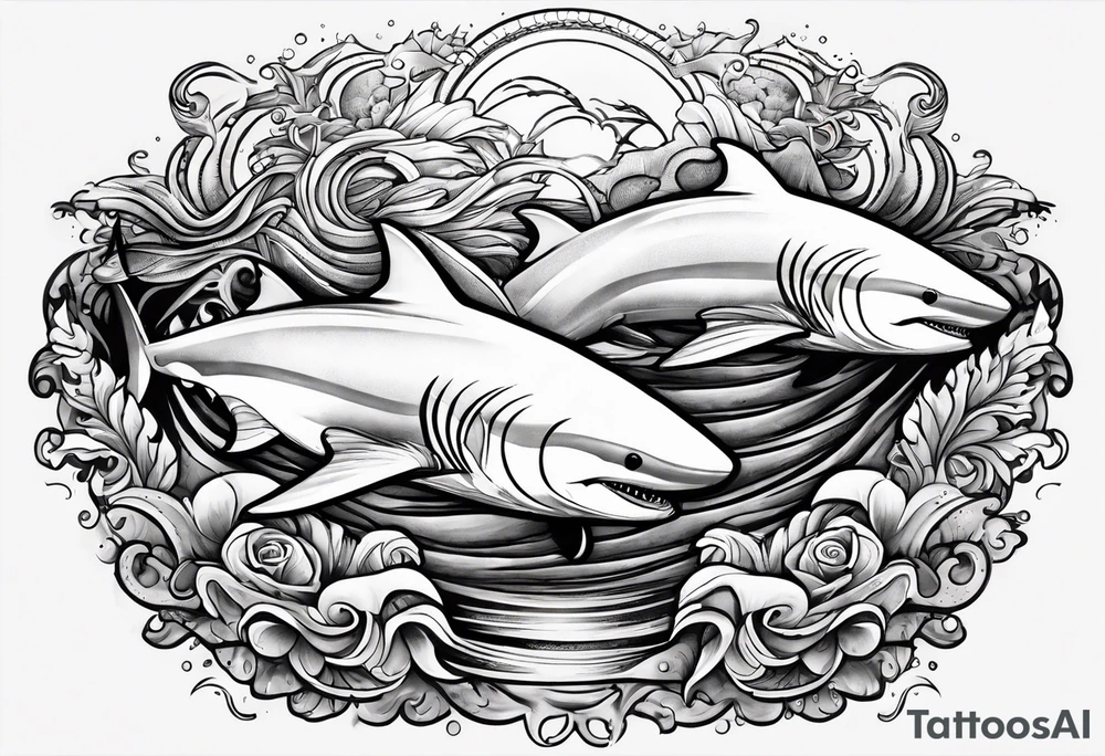 Pisces tattoo with sharks surrounding it in waves tattoo idea