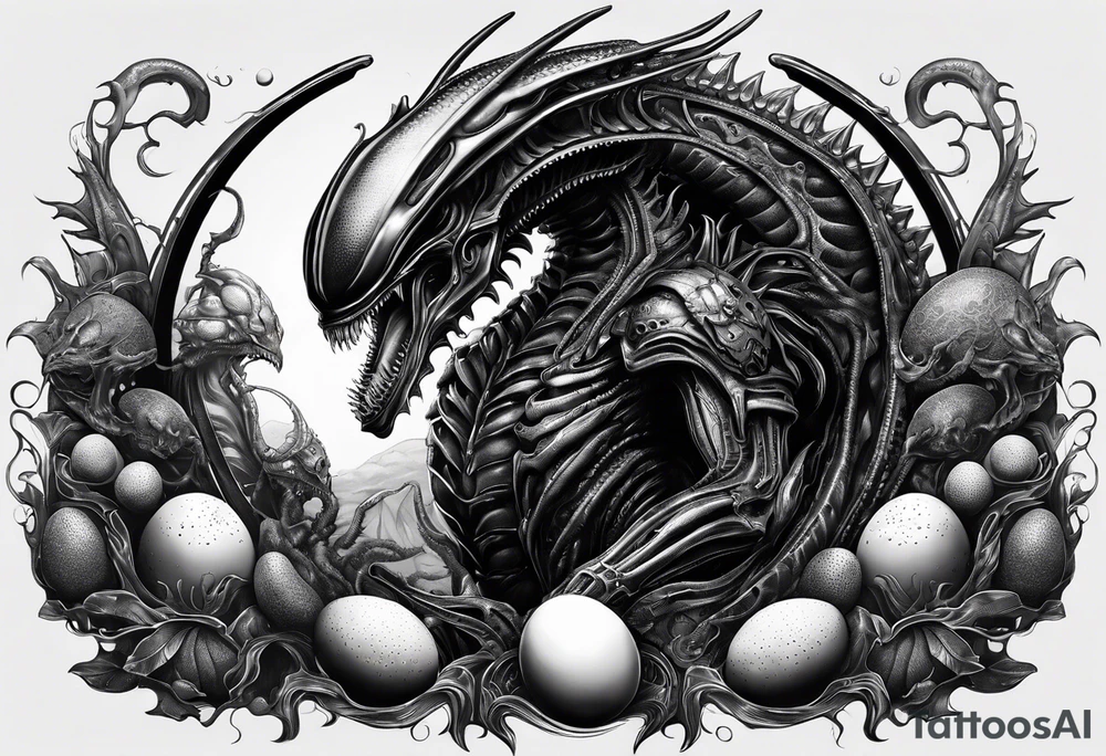 Full body Xenomorph queen guarding ovomorph eggs tattoo idea