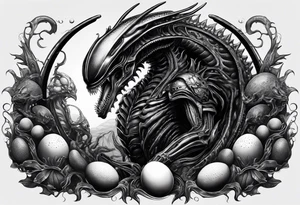 Full body Xenomorph queen guarding ovomorph eggs tattoo idea