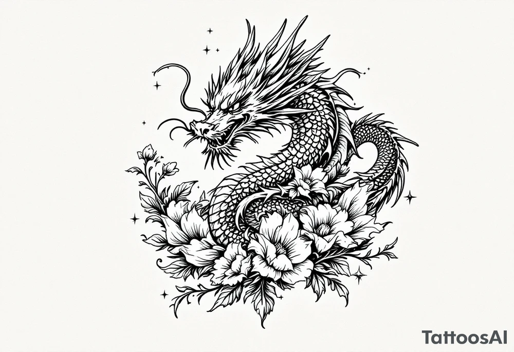 un dragon central entouré de fleurs de lys de style avec des ombrages dans un style assez fin tattoo idea