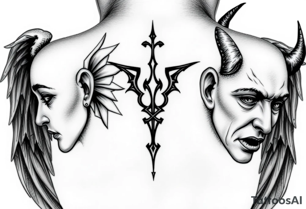 position behind the neck Angel (on the right) whispering in the right ear, demon (on the left) whispering in the left ear. It must be as realistic as possible. tattoo idea