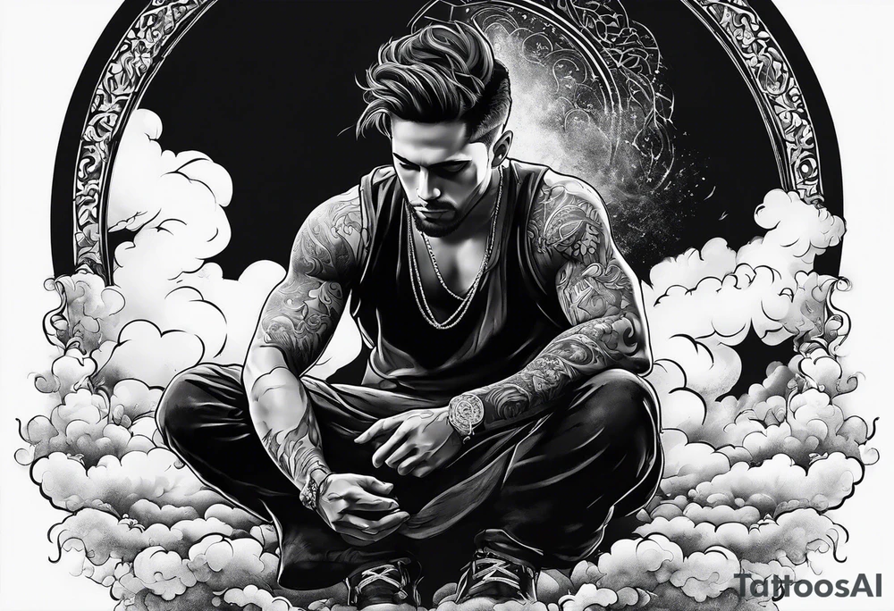 Men kneeling like he went through s bad time and a cloud looking like a debil behind him tattoo idea