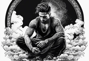 Men kneeling like he went through s bad time and a cloud looking like a debil behind him tattoo idea