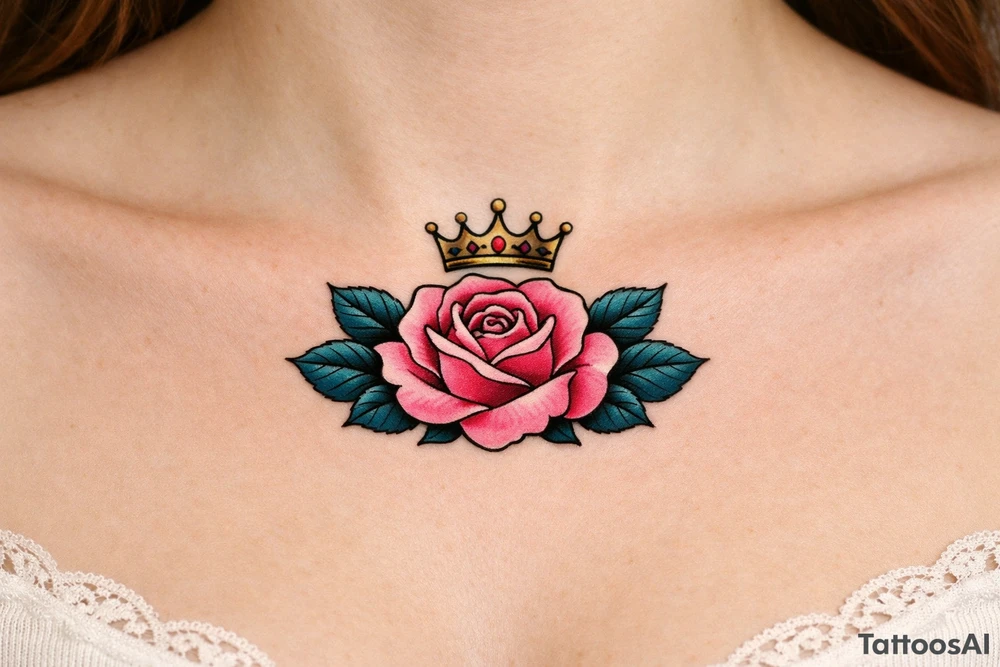 Pink rose , petrol leaves no stem, minimalist crown above it tattoo idea