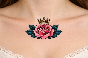 Pink rose , petrol leaves no stem, minimalist crown above it tattoo idea