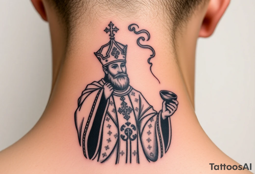 Russian Orthodox Priest in a fully detailed gold vestment swinging a censer with smoke curling upward tattoo idea