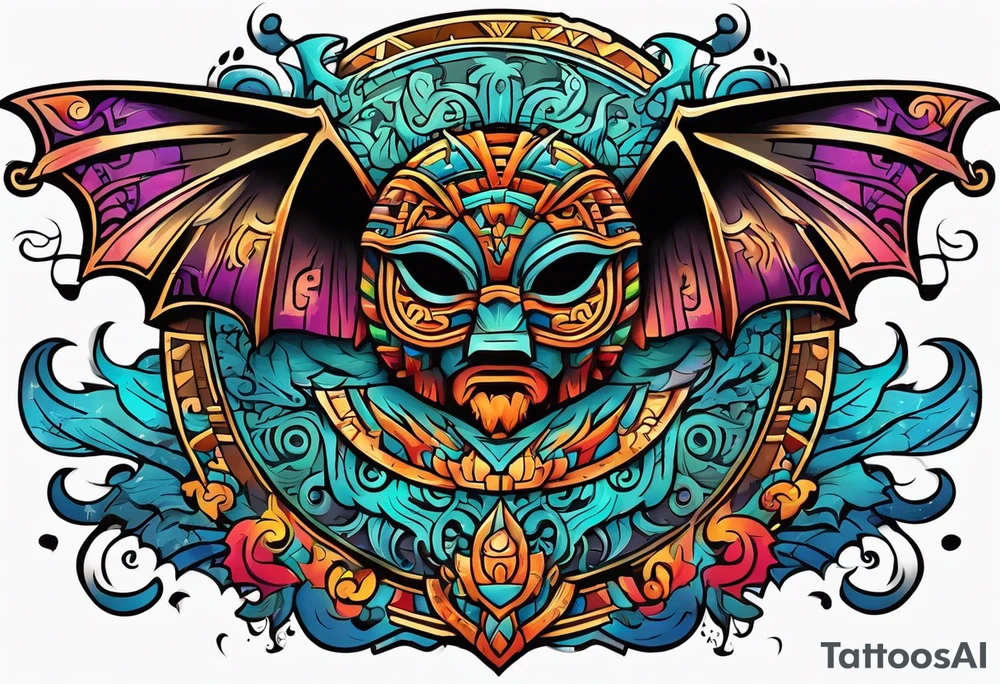 Colorful Mayan hieroglyph with bats and water tattoo idea