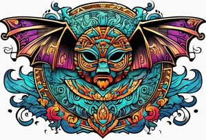 Colorful Mayan hieroglyph with bats and water tattoo idea