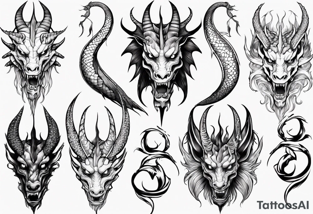 long dragon with horns, mane, scales tattoo idea