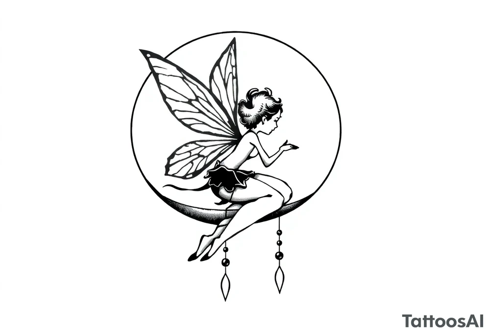 Solid black tattoo of a Fairy sitting on moon with dangles. tattoo idea