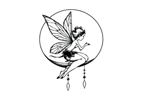 Solid black tattoo of a Fairy sitting on moon with dangles. tattoo idea