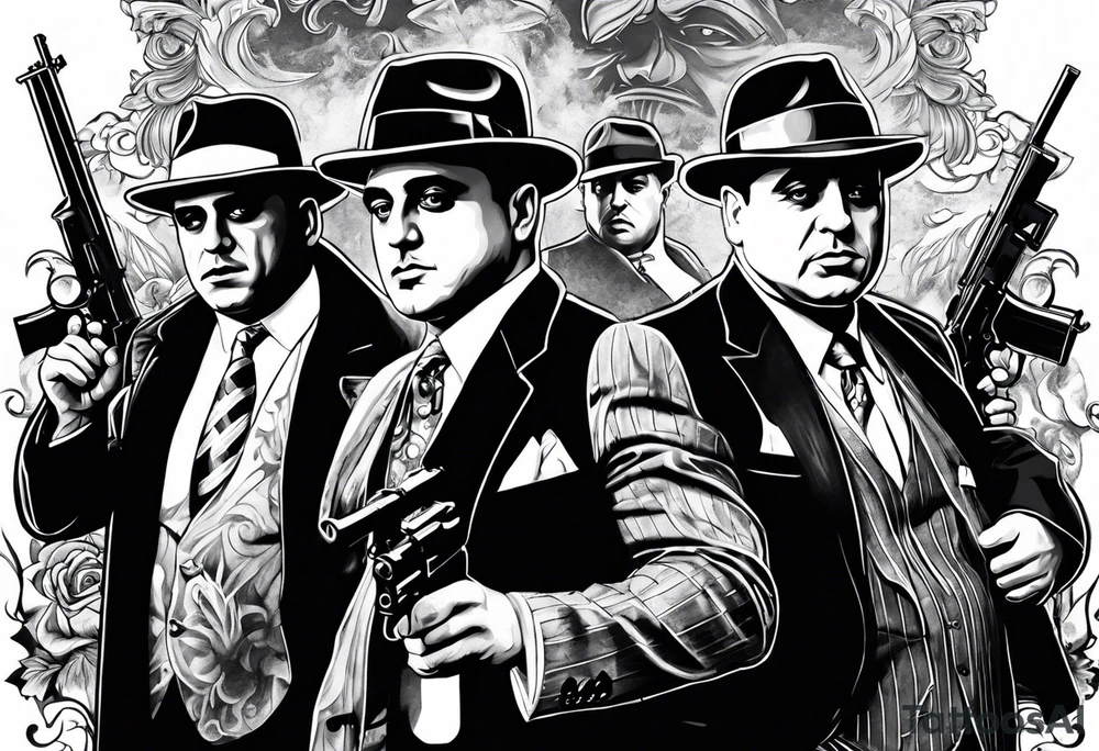 group of gangsters including Al Capone with machine guns surrounded by smoke and fire tattoo idea