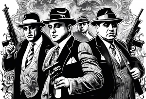 group of gangsters including Al Capone with machine guns surrounded by smoke and fire tattoo idea