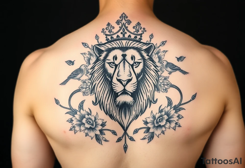 powerful majestic lion with a crown, surrounded by floral ornaments and birds tattoo idea