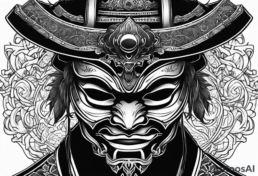 Black samurai mask with simple black stencil for shoulder tattoo idea Black samurai mask with simple black stencil for shoulder tattoo idea