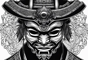 Black samurai mask with simple black stencil for shoulder tattoo idea
