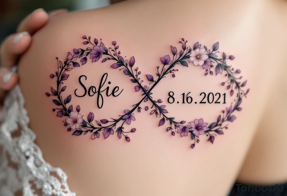 Floral infinity sign incorporating name Sofie and numbers 8.6.2021 v 11:20" in lavender and soft beige. tattoo idea
