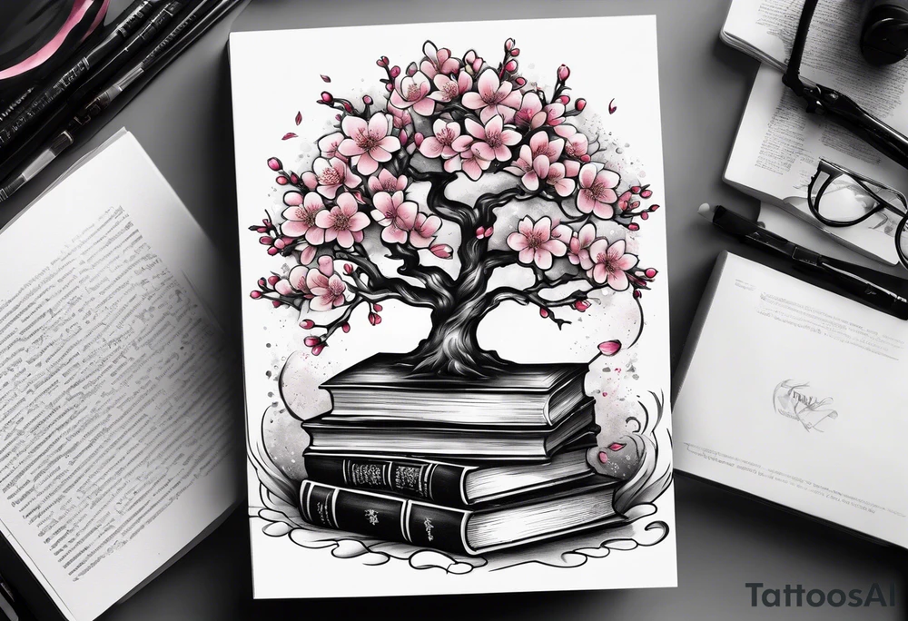 Cherry blossom tree growing out of a stack of books tattoo idea