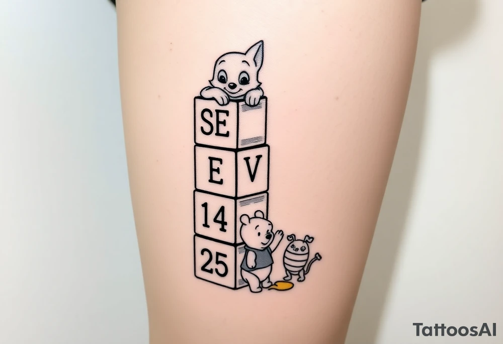 a thigh tattoo with alphabet blocks going down vertically stacked crooked but on the alphabet blocks,the name S E V Y N is alternated on the sides of all five blocks and 07 14 25 is alternated on the other sides of the blocks as well and on the top of the blocks Marie from the Aristocats peeking up looking showing her eyes, her bow on her head and her front pause and then on the bottom block then Winnie the Pooh standing on the ground, reaching up on the block for the honey that’s spilling off the side and on the left side not on the blocks to say 6 ounces 12 pounds 20 inches all lined up in a column going vertically starting with the 6 ounces 12 pounds and 20 inches in that order and then on the right side, not touching the blocks to say 3:51 AM. tattoo idea
