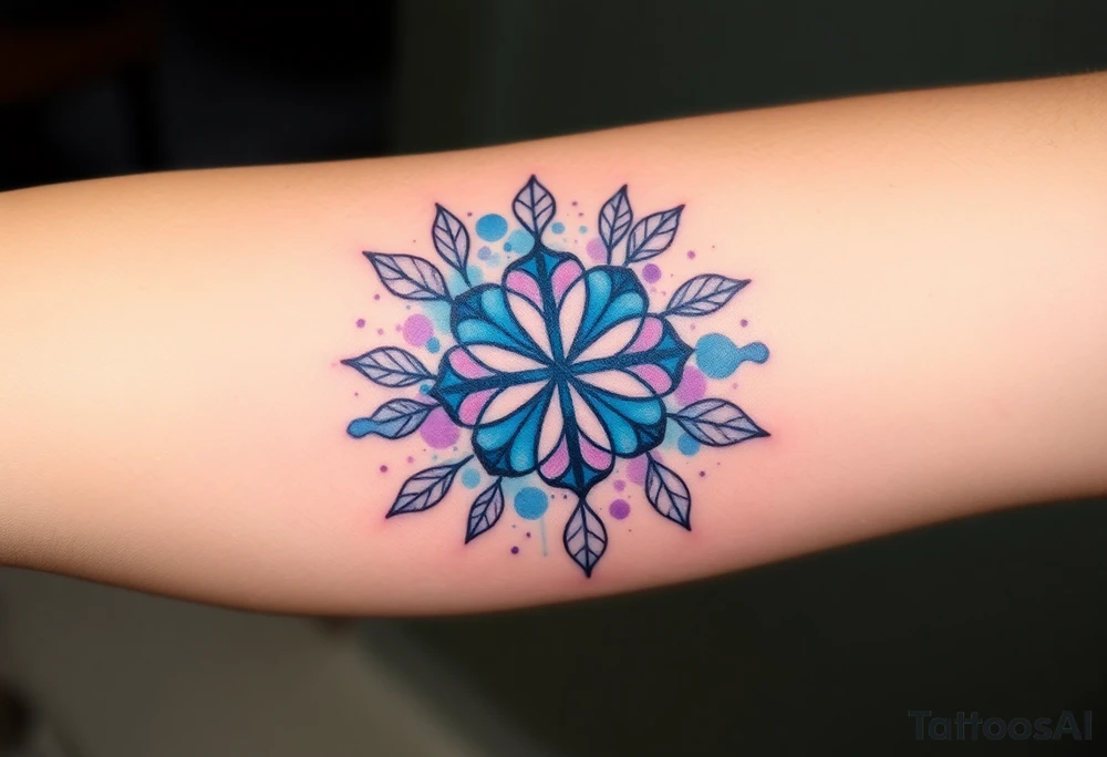 Luck symbol surrounded by positive things with blue and purple main colors tattoo idea