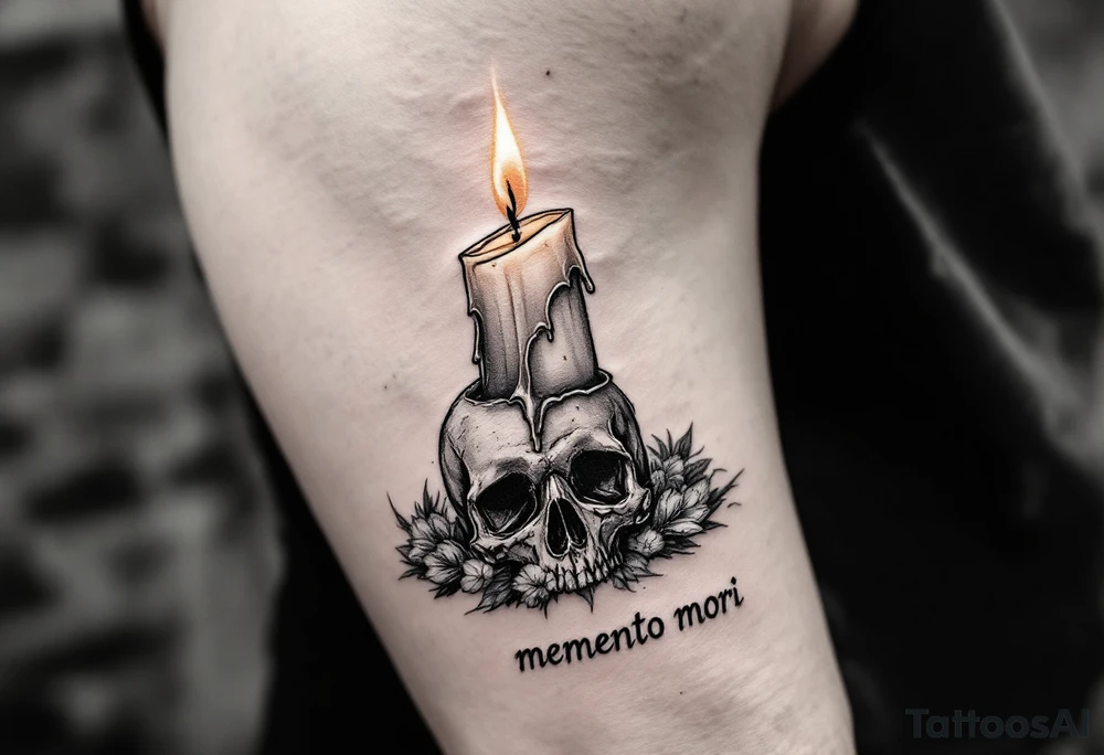 A candle slowly melting on a skull in black and white, the flame in soft orange and yellow with "memento mori" underneath. tattoo idea