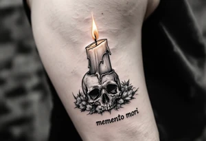 A candle slowly melting on a skull in black and white, the flame in soft orange and yellow with "memento mori" underneath. tattoo idea