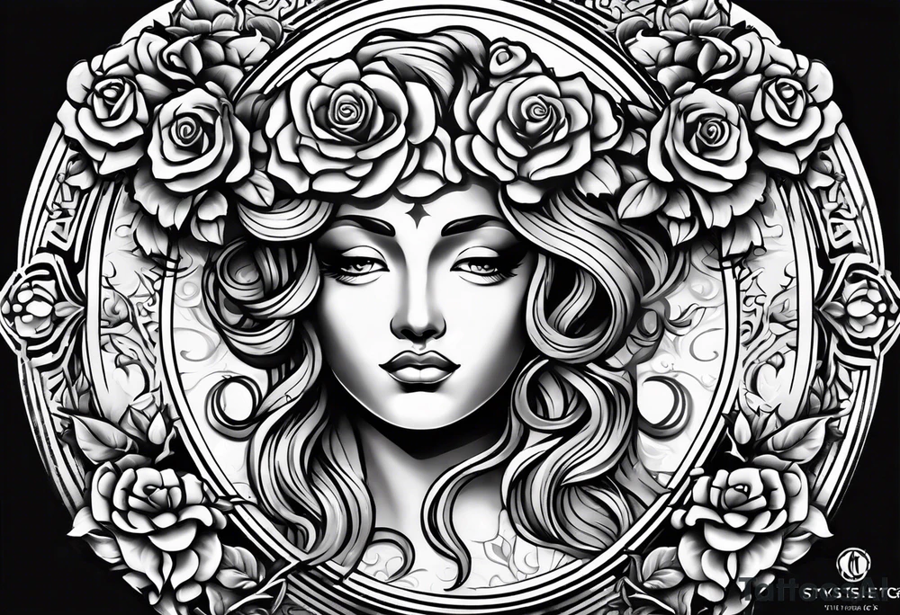 Circular shield with medusa's face surrounded by roses tattoo idea