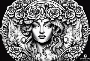 Circular shield with medusa's face surrounded by roses tattoo idea