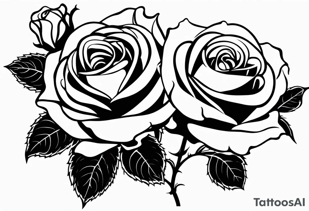 two roses with their stems intertwined, one rose should have thorns and only one main rose, the second rose should be thornless but have multiple flowers on it. I want a long stem to shower them intertwined tattoo idea