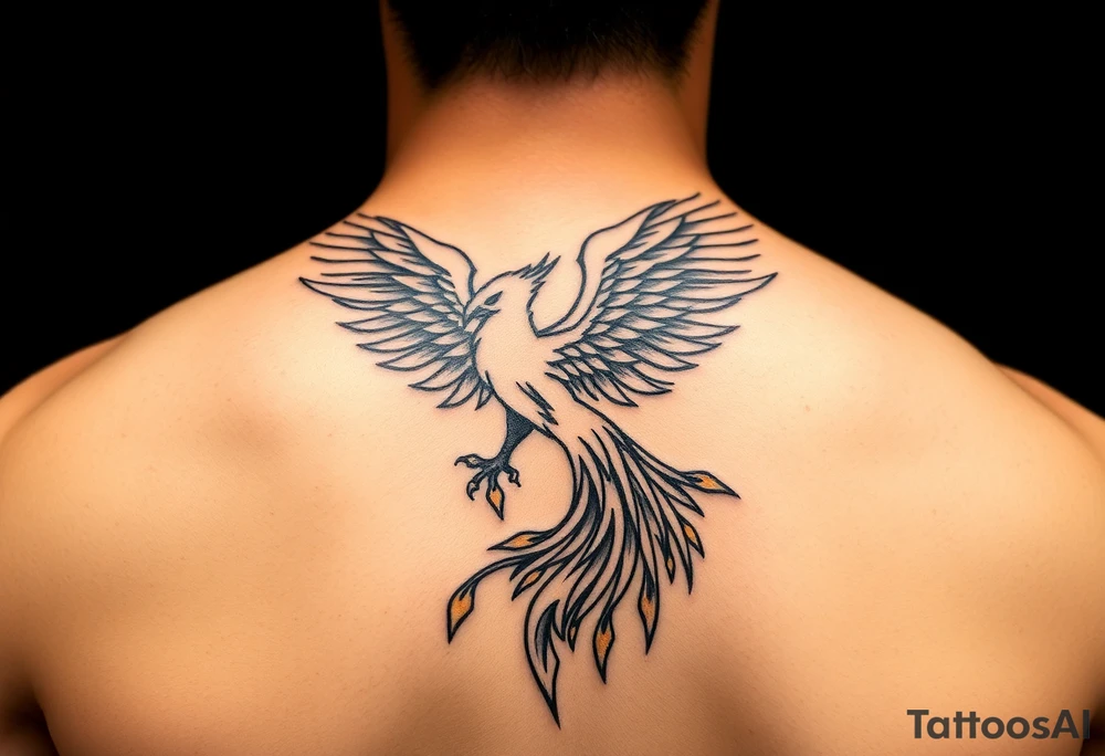 magnificent phoenix rising from golden flames with trailing embers tattoo idea