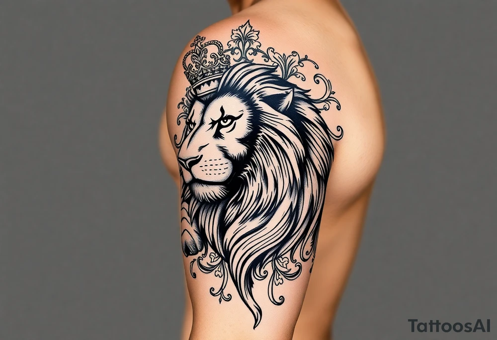 majestic lion wearing ornate crown, surrounded by baroque flourishes tattoo idea