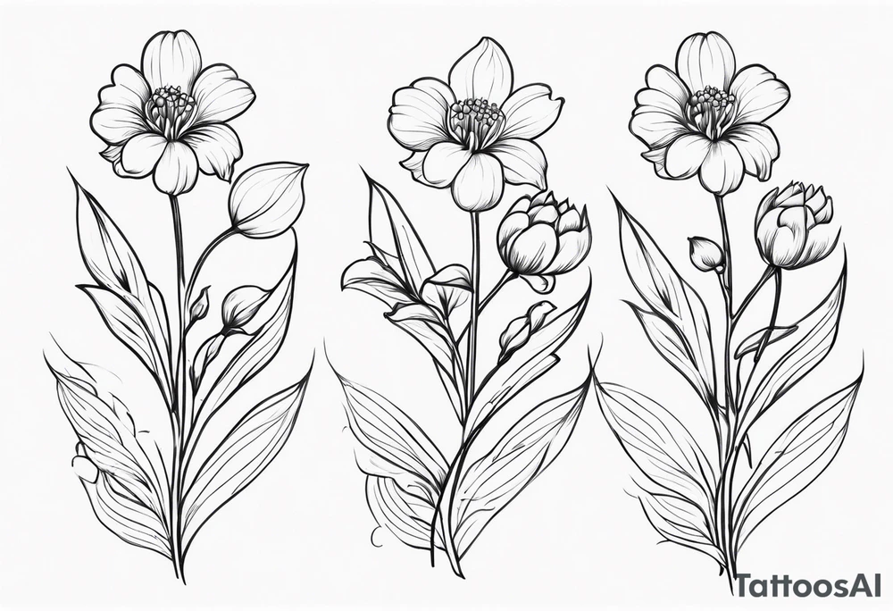 4 flowers. Lily of the valley. Marigold, chrysanthemum, and Lily combined together vertically with small leaves and vines tattoo idea