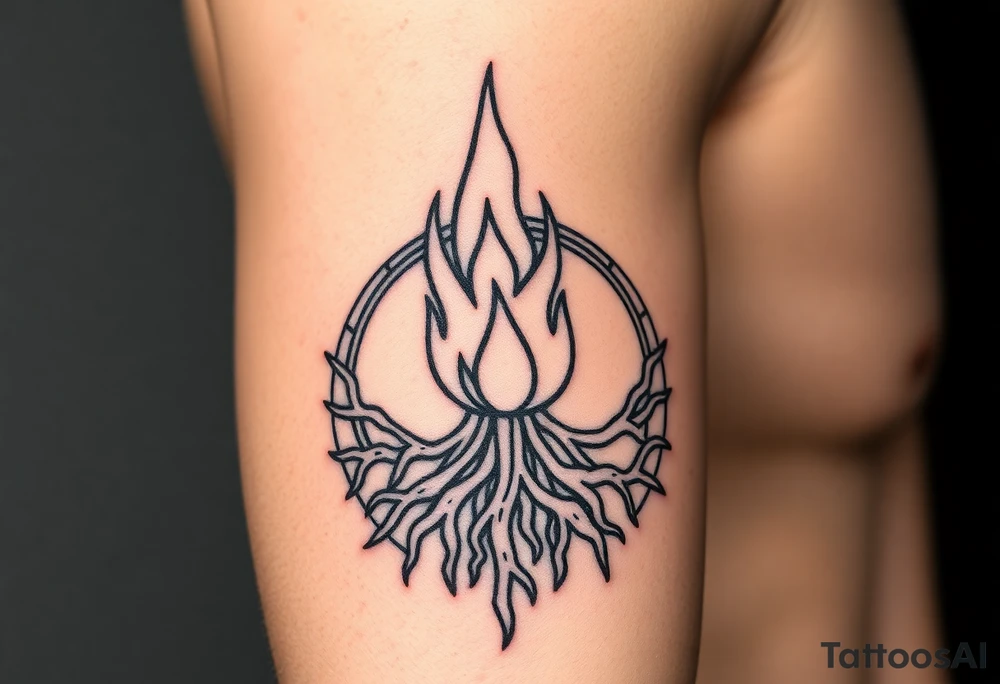 flame in a blooming roots circle tattoo idea