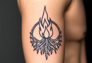 flame in a blooming roots circle tattoo idea