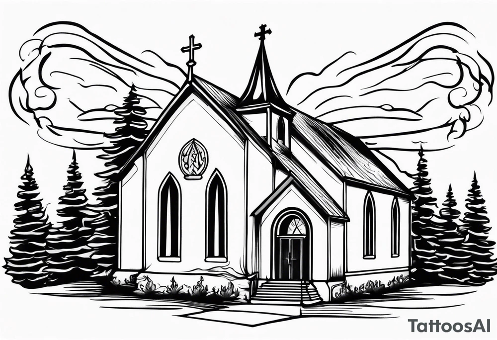 old school church with flames tattoo idea