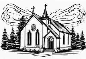 old school church with flames tattoo idea