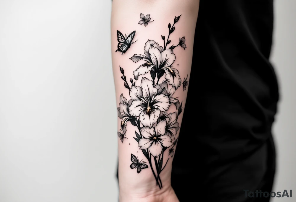 on forearm with Irises flowers, cherry blossom and a little butterfly tattoo idea