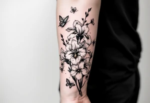 on forearm with Irises flowers, cherry blossom and a little butterfly tattoo idea