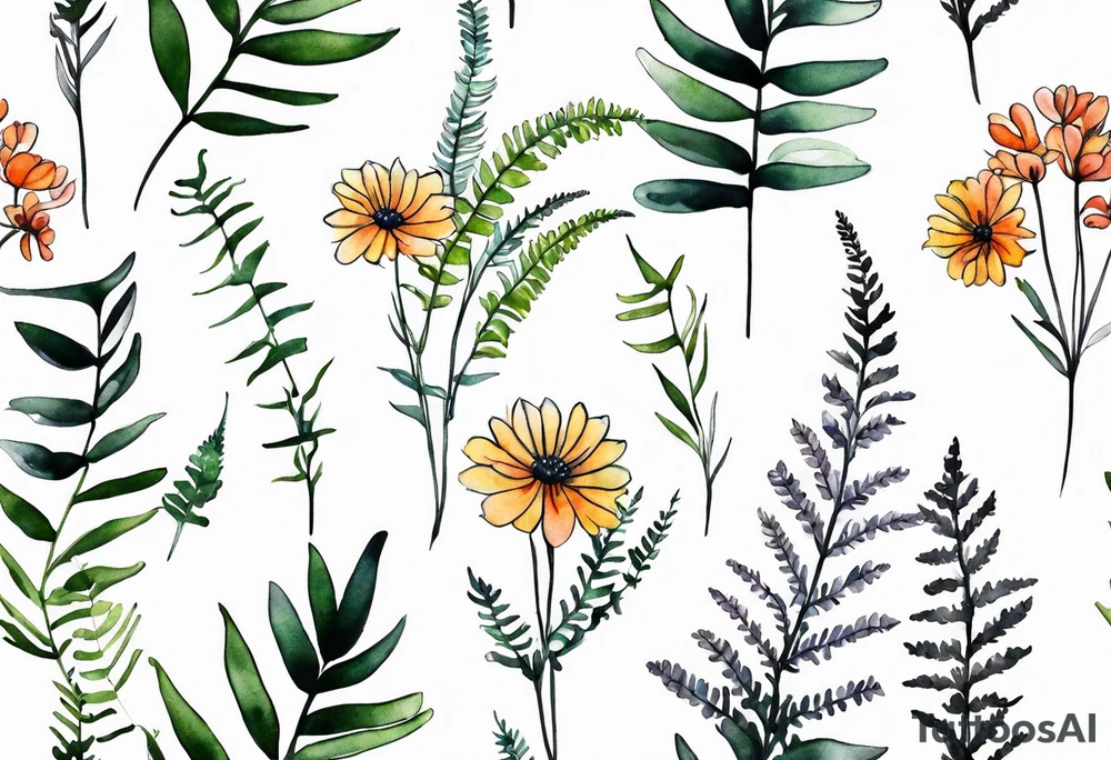 wild flowers long stems bouquet with ferns all watercolor tattoo idea